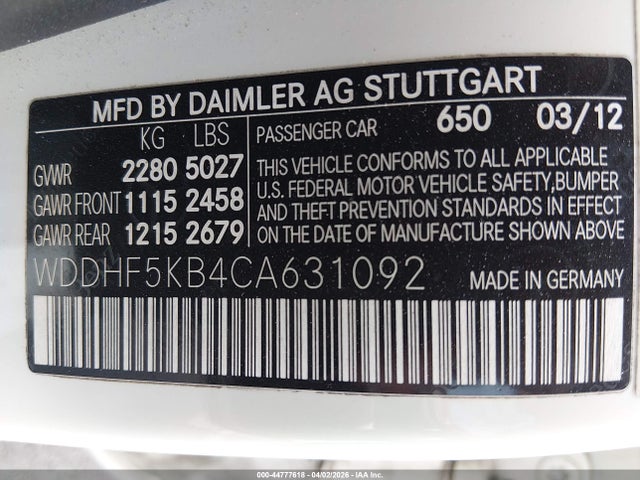 44777618 :رقم المزاد ، WDDHF5KB4CA631092 vin ، 2012 Mercedes-benz E 350 مزاد بيع
