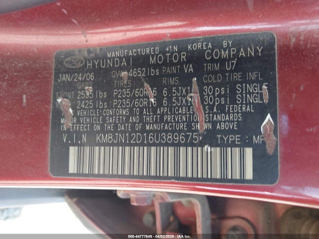 44777649 :رقم المزاد ، KM8JN12D16U389675 vin ، 2006 Hyundai Tucson Gls/limited مزاد بيع