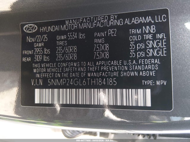 44777658 :رقم المزاد ، 5NMP24GL6TH184185 vin ، 2026 Hyundai Santa Fe Sel مزاد بيع