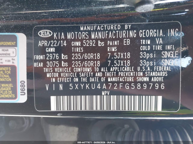 Aukcja sprzedaży 2015 Kia Sorento Ex V6, vin: 5XYKU4A72FG589796, numer aukcji: 44777671