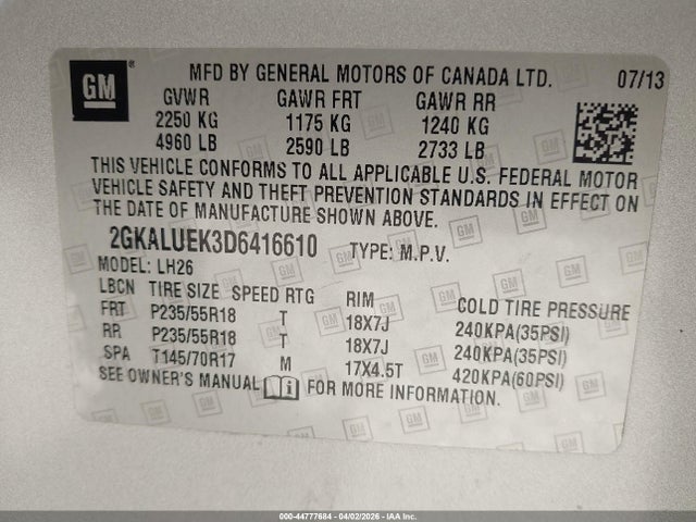 Aukcja sprzedaży 2013 Gmc Terrain Slt-1, vin: 2GKALUEK3D6416610, numer aukcji: 44777684