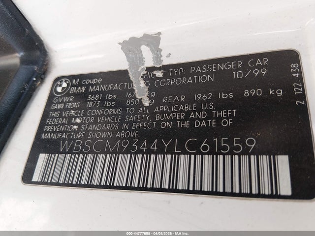 Продаж на аукціоні авто 2000 Bmw M, vin: WBSCM9344YLC61559, номер лоту: 44777685