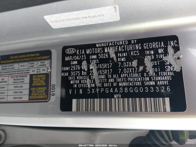 Aukcja sprzedaży 2016 Kia Sorento 2.4l Lx, vin: 5XYPG4A38GG033326, numer aukcji: 44777688