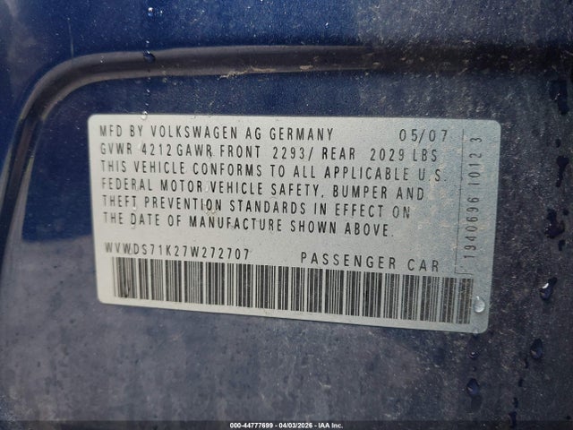 Aukcja sprzedaży 2007 Volkswagen Rabbit 4-door, vin: WVWDS71K27W272707, numer aukcji: 44777699