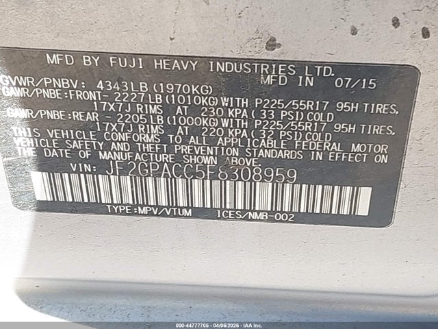 44777705 :رقم المزاد ، JF2GPACC5F8308959 vin ، 2015 Subaru Xv Crosstrek 2.0i Premium مزاد بيع