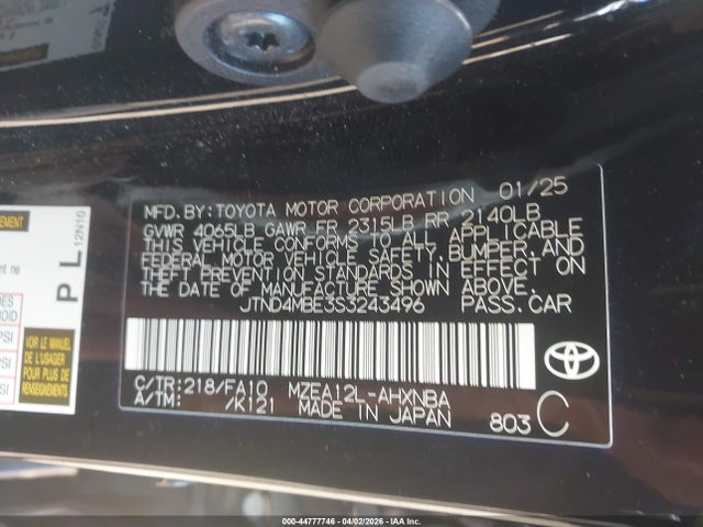 Aukcja sprzedaży 2025 Toyota Corolla Se, vin: JTND4MBE3S3243496, numer aukcji: 44777746