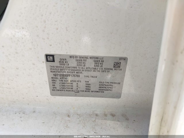 44777761 :رقم المزاد ، 1GT120E80FF175769 vin ، 2015 Gmc Sierra 2500hd Denali مزاد بيع