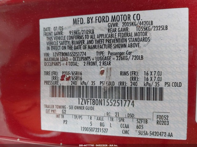 2005 Ford Mustang V6 Deluxe/v6 Premium მანქანა იყიდება აუქციონზე, vin: 1ZVFT80N155251774, აუქციონის ნომერი: 44777760