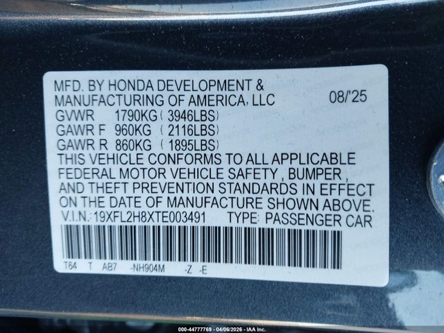 19XFL2H8XTE003491 Honda Civic Sport