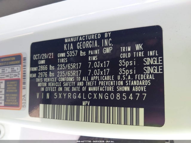 5XYRG4LCXNG085477 KIA SORENTO LX