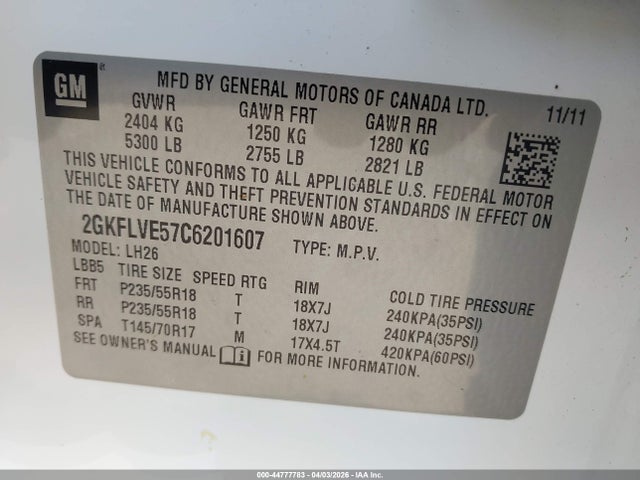 Продаж на аукціоні авто 2012 Gmc Terrain Slt-1, vin: 2GKFLVE57C6201607, номер лоту: 44777783