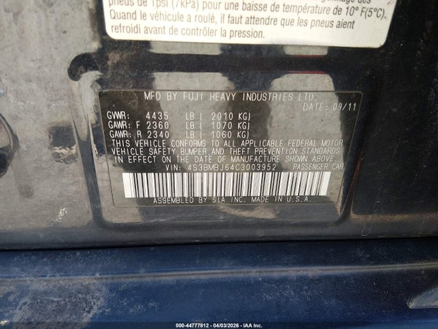 Продаж на аукціоні авто 2012 Subaru Legacy 2.5i Limited, vin: 4S3BMBJ64C3003952, номер лоту: 44777812