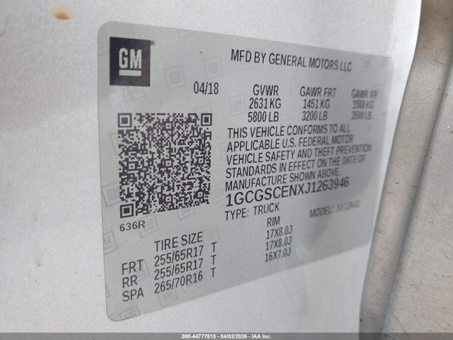44777815 :رقم المزاد ، 1GCGSCENXJ1263946 vin ، 2018 Chevrolet Colorado Lt مزاد بيع