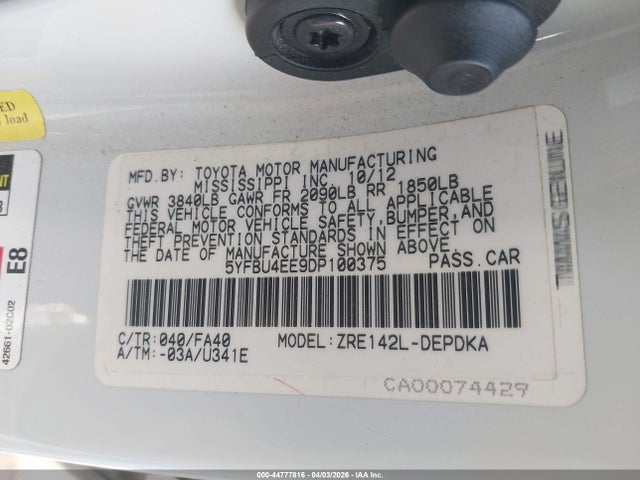 Продажа на аукционе авто 2013 Toyota Corolla L, vin: 5YFBU4EE9DP100375, номер лота: 44777816