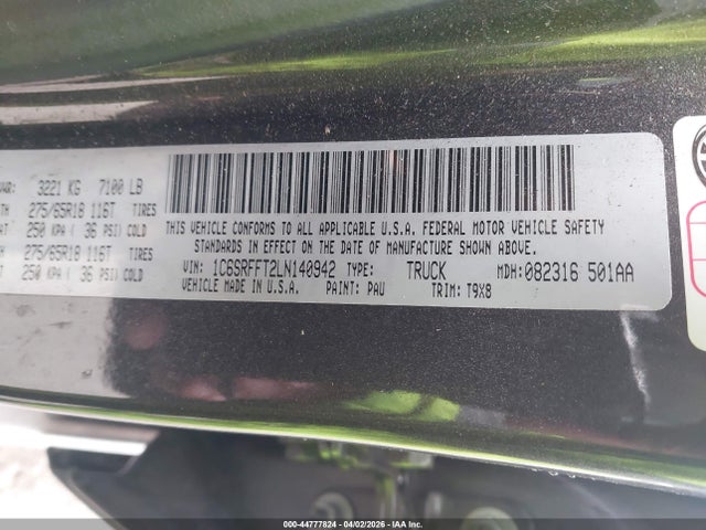 44777824 :رقم المزاد ، 1C6SRFFT2LN140942 vin ، 2020 Ram 1500 مزاد بيع