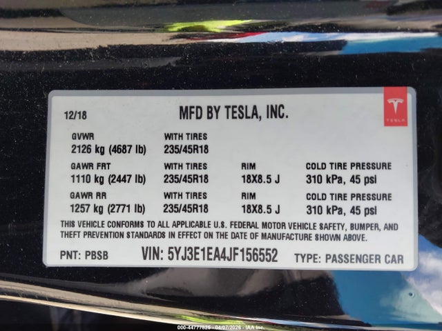 Продажа на аукционе авто 2018 Tesla Model 3 Long Range/mid Range, vin: 5YJ3E1EA4JF156552, номер лота: 44777825