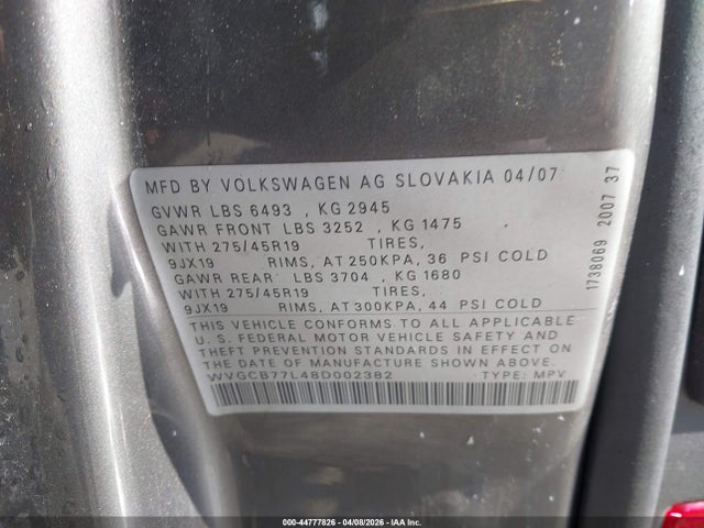 Продаж на аукціоні авто 2008 Volkswagen Touareg 2 V8 Fsi, vin: WVGCB77L48D002382, номер лоту: 44777826