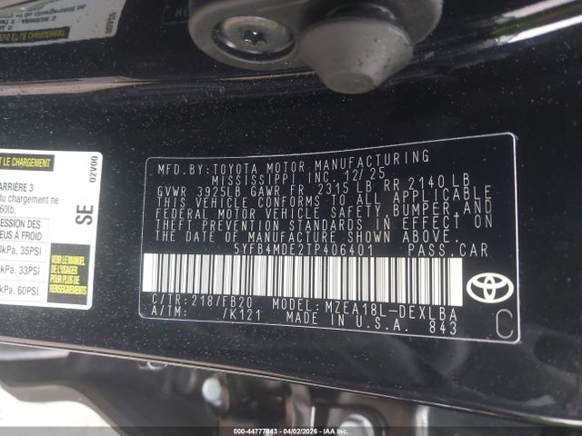 Продаж на аукціоні авто 2026 Toyota Corolla Le, vin: 5YFB4MDE2TP406401, номер лоту: 44777843