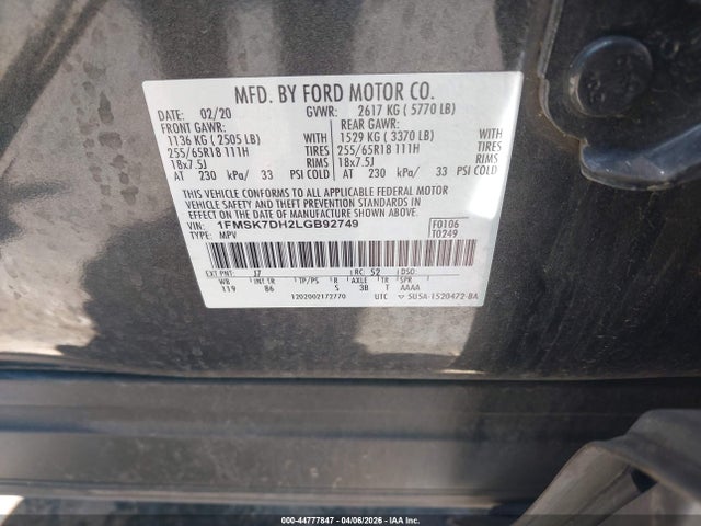 2020 Ford Explorer Xlt მანქანა იყიდება აუქციონზე, vin: 1FMSK7DH2LGB92749, აუქციონის ნომერი: 44777847