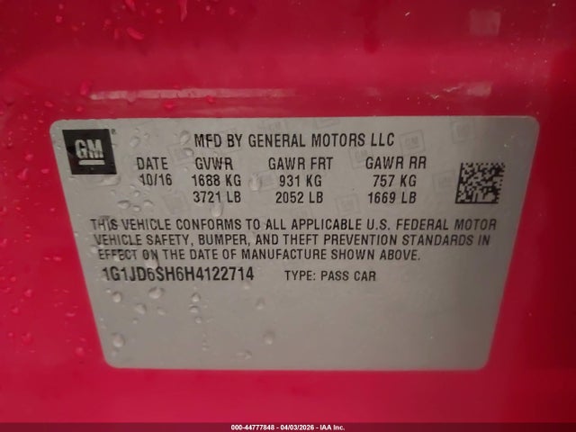 Продажа на аукционе авто 2017 Chevrolet Sonic Lt Auto, vin: 1G1JD6SH6H4122714, номер лота: 44777848