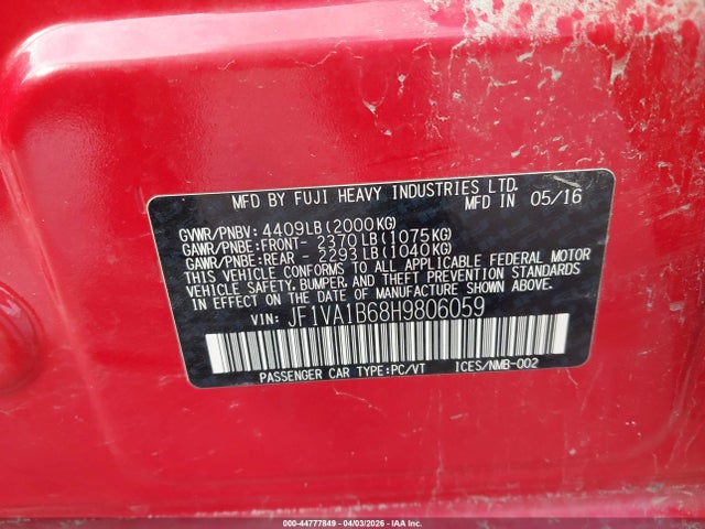 2017 Subaru Wrx მანქანა იყიდება აუქციონზე, vin: JF1VA1B68H9806059, აუქციონის ნომერი: 44777849