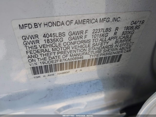 Aukcja sprzedaży 2019 Acura Ilx, vin: 19UDE2F87KA008946, numer aukcji: 44777853