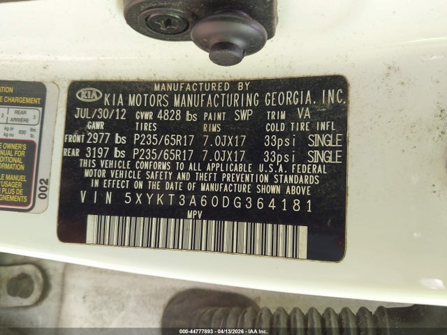 Aukcja sprzedaży 2013 Kia Sorento Lx, vin: 5XYKT3A60DG364181, numer aukcji: 44777893