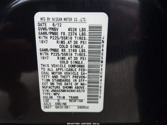 Продаж на аукціоні авто 2012 Nissan Rogue Sv W/sl Pkg, vin: JN8AS5MV4CW418570, номер лоту: 44777905