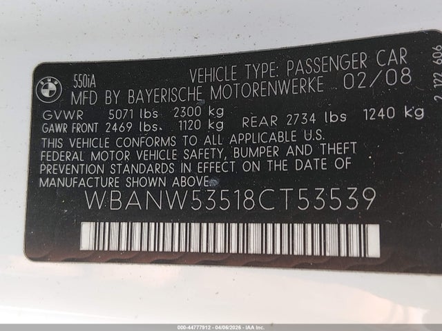 2008 Bmw 550i მანქანა იყიდება აუქციონზე, vin: WBANW53518CT53539, აუქციონის ნომერი: 44777912