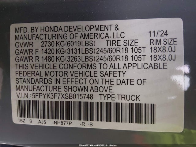 Продажа на аукционе авто 2025 Honda Ridgeline Trailsport+, vin: 5FPYK3F7XSB015748, номер лота: 44777916