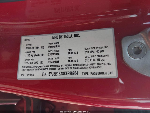 44777921 :رقم المزاد ، 5YJ3E1EA8KF298954 vin ، 2019 Tesla Model 3 Long Range/mid Range/standard Range/standard Range Plus مزاد بيع