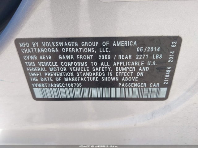 2014 Volkswagen Passat 1.8t Se მანქანა იყიდება აუქციონზე, vin: 1VWBT7A39EC108735, აუქციონის ნომერი: 44777928