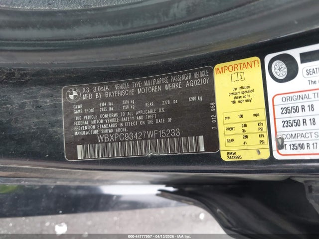 2007 Bmw X3 3.0si მანქანა იყიდება აუქციონზე, vin: WBXPC93427WF15233, აუქციონის ნომერი: 44777957