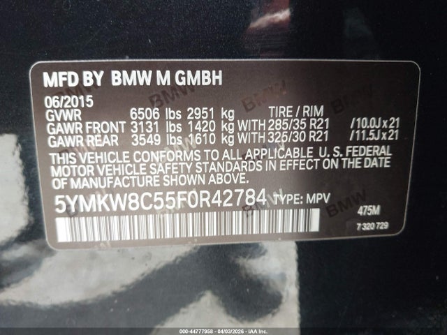 44777958 :رقم المزاد ، 5YMKW8C55F0R42784 vin ، 2015 Bmw X6 M مزاد بيع