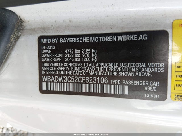 44777983 :رقم المزاد ، WBADW3C52CE823106 vin ، 2012 Bmw 328i مزاد بيع