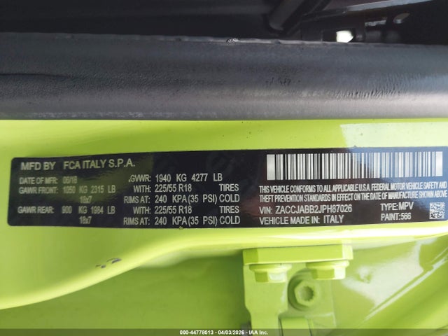 Продаж на аукціоні авто 2018 Jeep Renegade Altitude Fwd, vin: ZACCJABB2JPH87026, номер лоту: 44778013