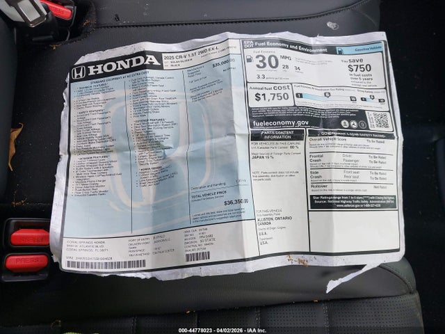 2025 Honda Cr-v Ex-l 2wd მანქანა იყიდება აუქციონზე, vin: 2HKRS3H75SH304628, აუქციონის ნომერი: 44778023