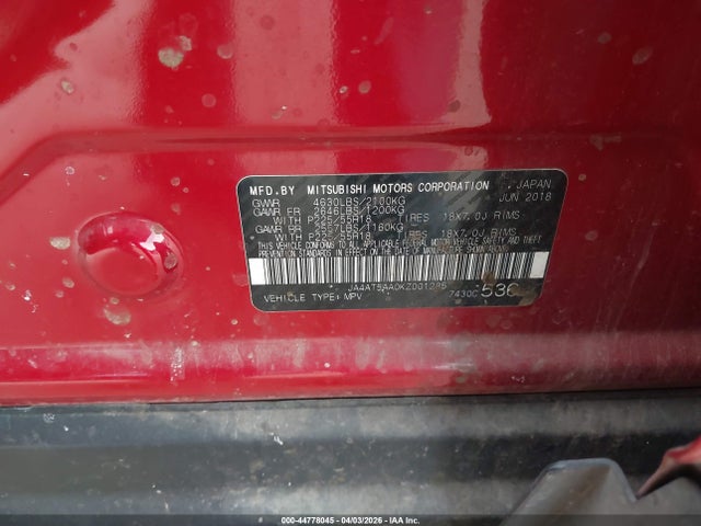 44778045 :رقم المزاد ، JA4AT5AA0KZ001285 vin ، 2019 Mitsubishi Eclipse Cross Sel مزاد بيع
