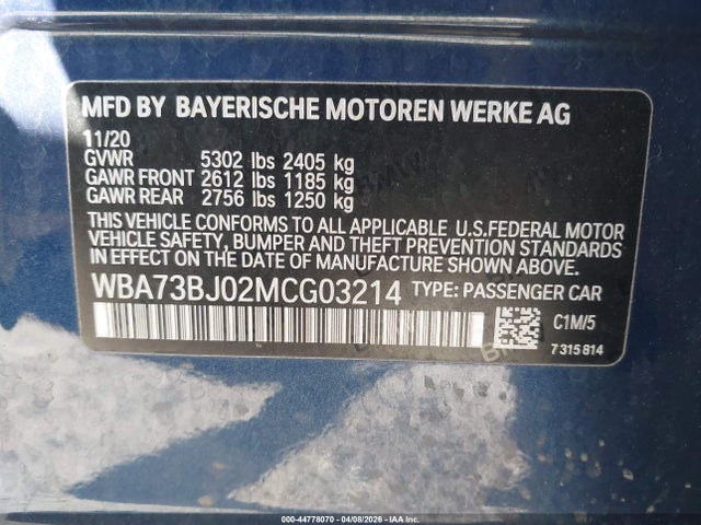 Продажа на аукционе авто 2021 Bmw 540i Xdrive, vin: WBA73BJ02MCG03214, номер лота: 44778070