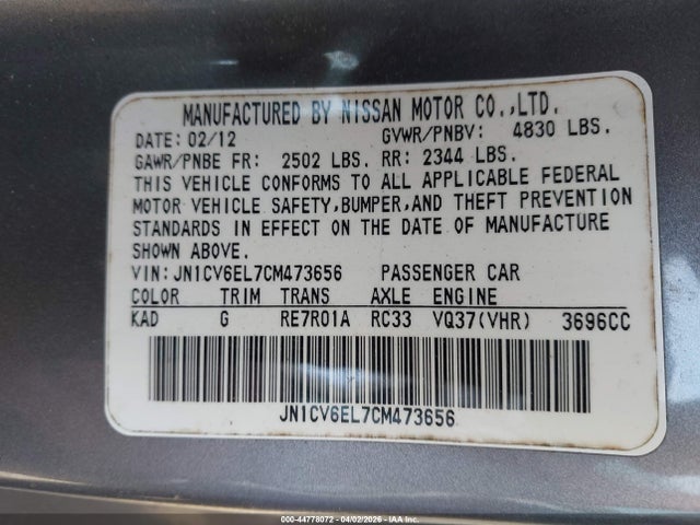 44778072 :رقم المزاد ، JN1CV6EL7CM473656 vin ، 2012 Infiniti G37x مزاد بيع