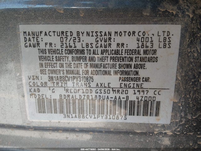 Продажа на аукционе авто 2023 Nissan Sentra Sv Xtronic Cvt, vin: 3N1AB8CV1PY310875, номер лота: 44778093