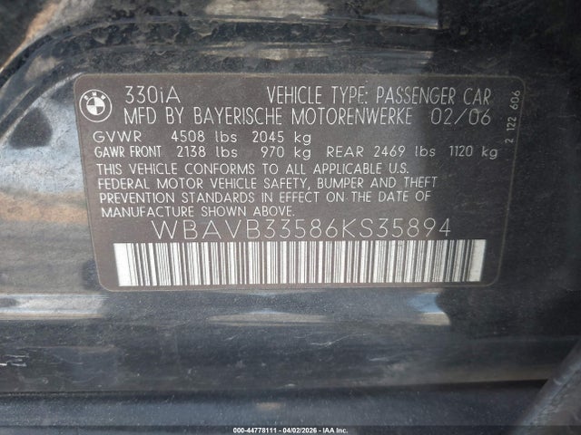 44778111 :رقم المزاد ، WBAVB33586KS35894 vin ، 2006 Bmw 330i مزاد بيع