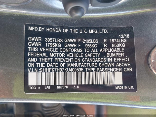 SHHFK7H97KU409535 Honda Civic Sport Touring