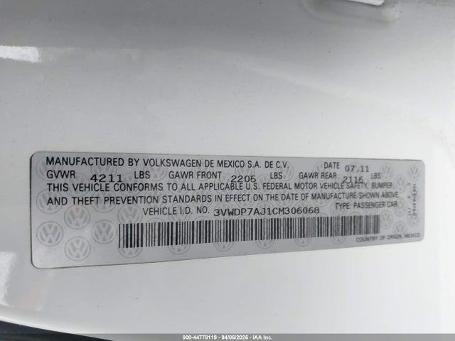44778119 :رقم المزاد ، 3VWDP7AJ1CM306068 vin ، 2012 Volkswagen Jetta 2.5l Se مزاد بيع