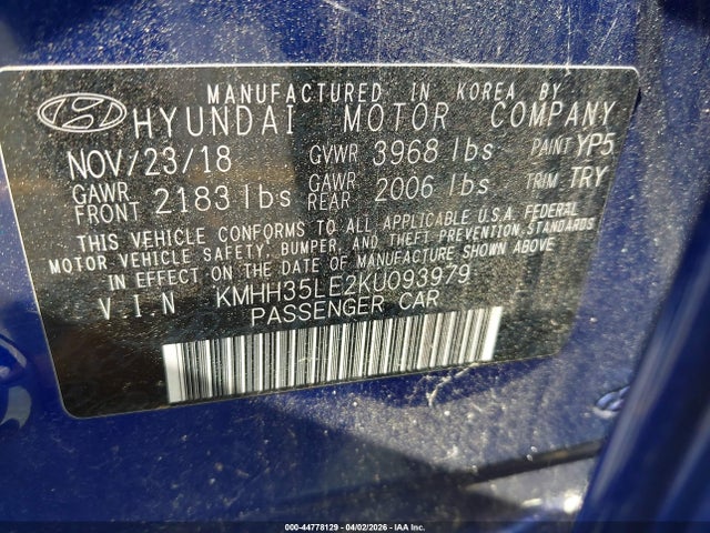 44778129 :رقم المزاد ، KMHH35LE2KU093979 vin ، 2019 Hyundai Elantra Gt مزاد بيع
