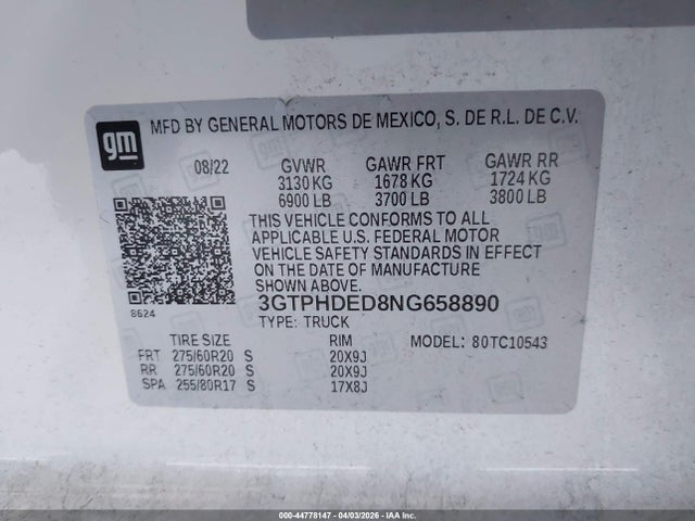 Aukcja sprzedaży 2022 Gmc Sierra 1500 2wd  Short Box Slt, vin: 3GTPHDED8NG658890, numer aukcji: 44778147