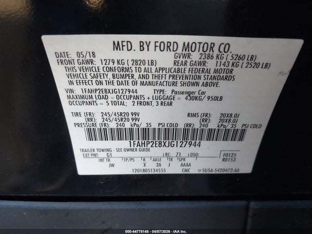 Ford TAURUS SEL 2018 1FAHP2E8XJG127944 Image 9