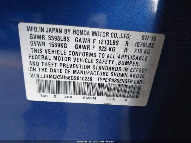 JHMGK5H56GS010289 Honda FIT LX