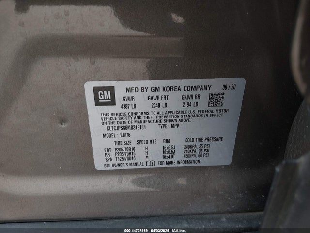 Продажа на аукционе авто 2021 Chevrolet Trax Awd Lt, vin: KL7CJPSB6MB319184, номер лота: 44778169