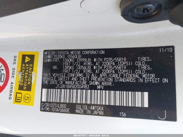 44778171 :رقم المزاد ، JTJZK1BA5B2004983 vin ، 2011 Lexus Rx 350 مزاد بيع